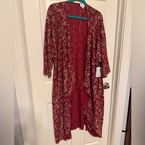 LuLaRoe Sweaters - LuLaRoe Shirley Kimono Red Raspberry/Gold Lace Knit Open Front  Sweater Size Lar